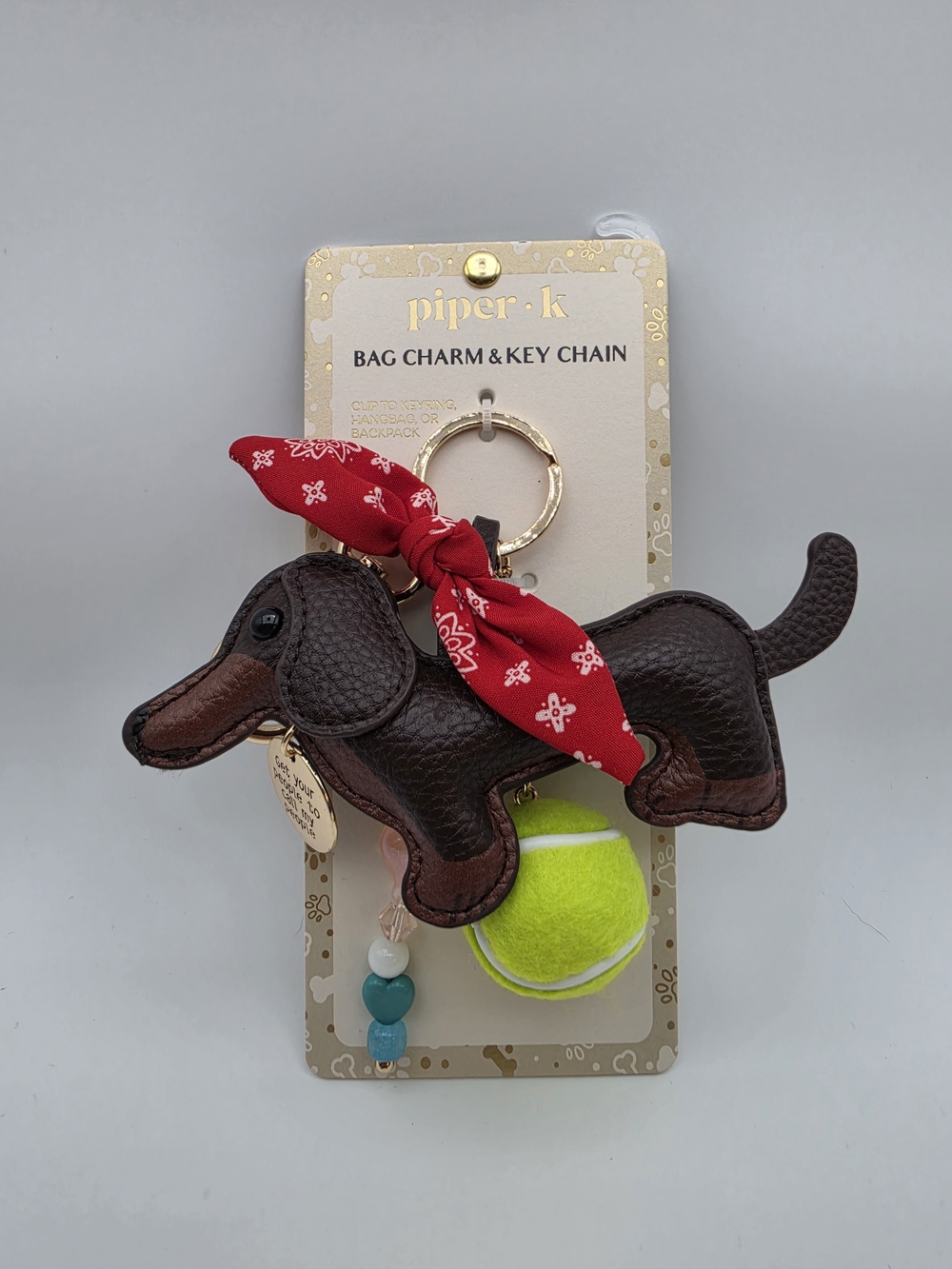 Piper Brown Dachshund Keychain with Red Bandana and Yellow Tennis Ball